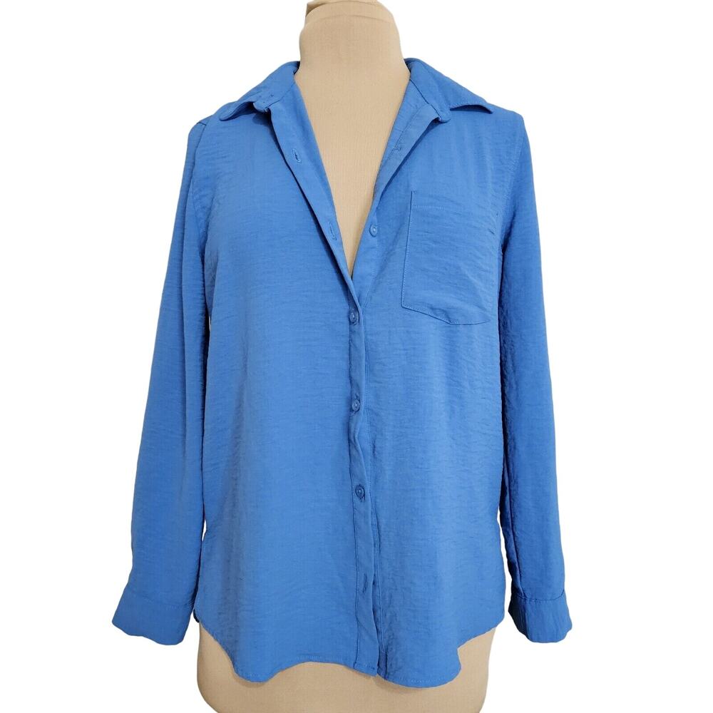 Timing‎ Button-Up Shirt Womens Medium Blue Long Sleeve Collared Pockets